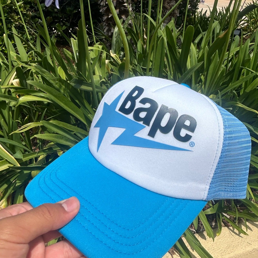 Bape Blue and White Trucker Hat with Snapback Closure